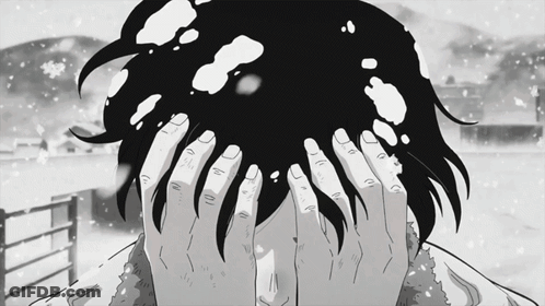A Black And White Drawing Of A Person With Snow On Their Head GIF