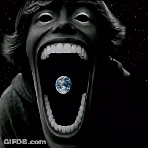 A Black And White Drawing Of A Person With Their Mouth Wide Open And The Earth In It GIF