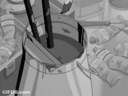 A Black And White Drawing Of A Pot Filled With Paint And Brushes Surrounded By Bottles Of Paint GIF