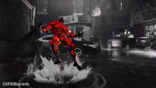 A Black And White Drawing Of A Red Superhero With A Sign That Says ' Ufc ' On It GIF
