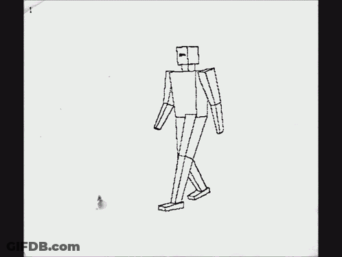 A Black And White Drawing Of A Robot With A Box On His Head GIF