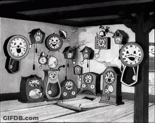 A Black And White Drawing Of A Room With Many Clocks GIF