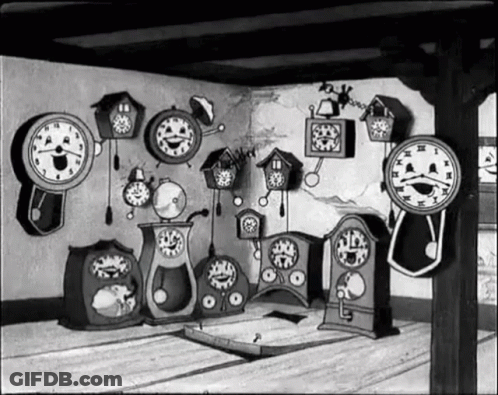 A Black And White Drawing Of A Room With Many Clocks On The Wall GIF