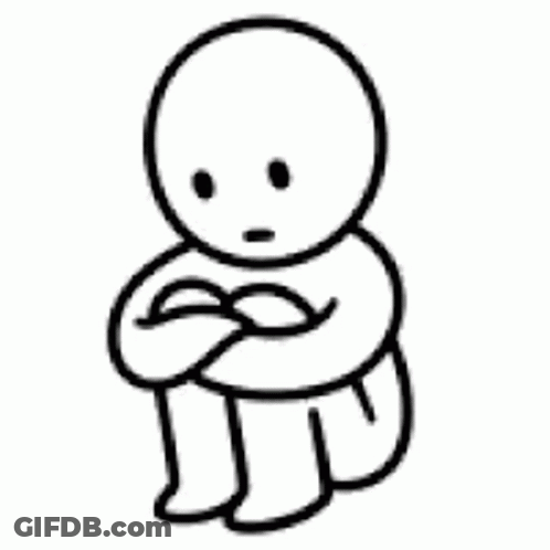 A Black And White Drawing Of A Sad Cartoon Character Sitting Down With His Arms Around His Knees . GIF