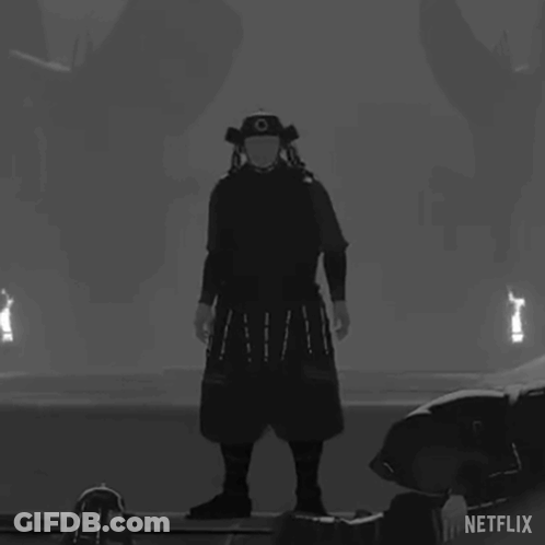 A Black And White Drawing Of A Samurai Wearing A Mask And Armor . GIF