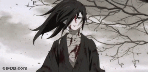 A Black And White Drawing Of A Samurai With Blood On His Face Standing In Front Of A Tree . GIF