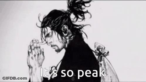 A Black And White Drawing Of A Samurai With The Words It 'S So Peak Behind Him GIF