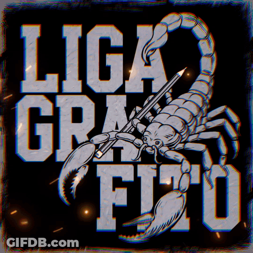 A Black And White Drawing Of A Scorpion Holding A Pencil With The Words Liga Grafito Written Below It GIF