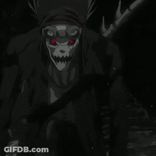 A Black And White Drawing Of A Skeleton With Red Eyes GIF