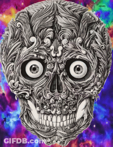 A Black And White Drawing Of A Skull With A Rainbow Background GIF