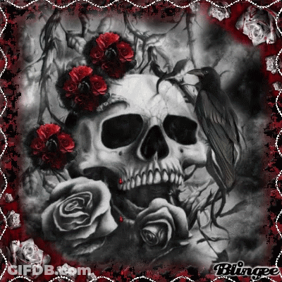 A Black And White Drawing Of A Skull With Red Roses And A Bird GIF