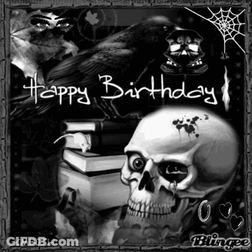 A Black And White Drawing Of A Skull With The Words Happy Birthday Written On It GIF