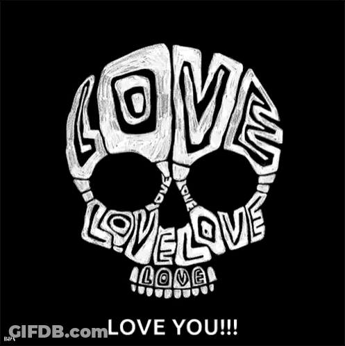 A Black And White Drawing Of A Skull With The Words Love Love Love Written Inside Of It GIF