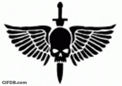 A Black And White Drawing Of A Skull With Wings And A Dagger . GIF