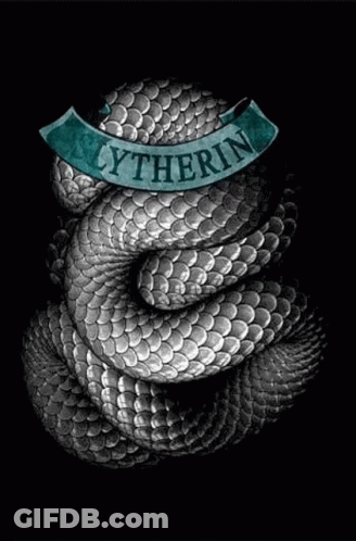 A Black And White Drawing Of A Snake With A Banner That Says `` Slytherin '' . GIF