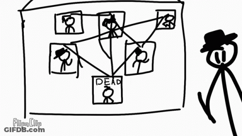 A Black And White Drawing Of A Stick Figure Holding A Gun In Front Of A Board That Says Dead On It . GIF