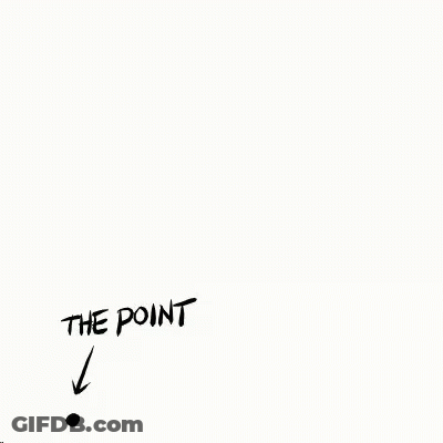 A Black And White Drawing Of A Stick Figure Riding A Rocket With The Words `` The Point '' Below It . GIF