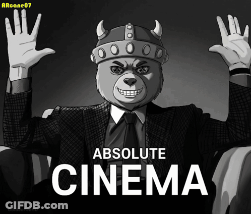 A Black And White Drawing Of A Teddy Bear In A Suit And Tie With The Words " Absolute Cinema " Above Him GIF