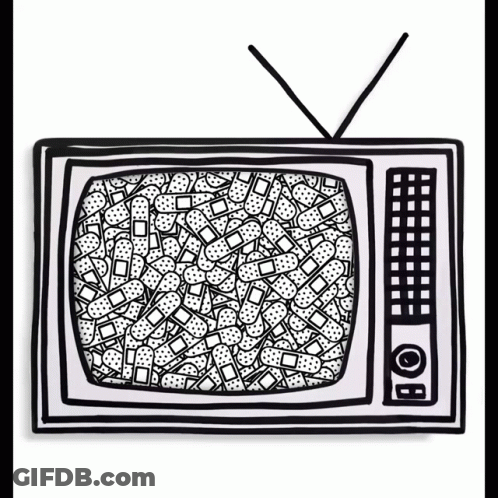 A Black And White Drawing Of A Television With Bandages On It GIF