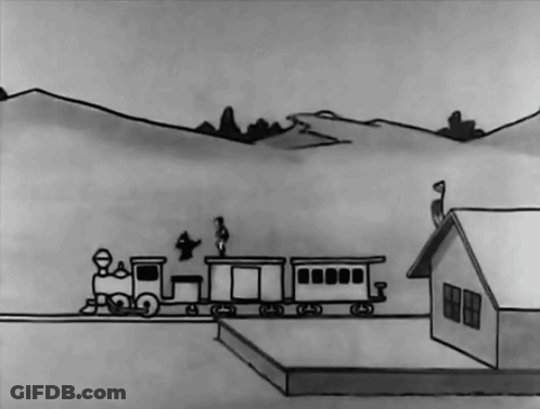 A Black And White Drawing Of A Train Going To A House GIF