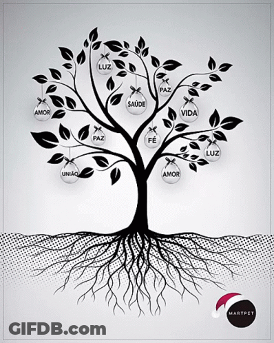 A Black And White Drawing Of A Tree With Roots And Christmas Decorations GIF