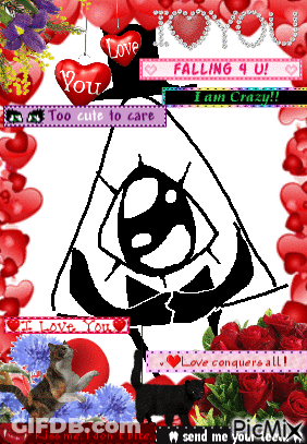 A Black And White Drawing Of A Triangle With Hearts Around It And The Words " Falling 4 U " On Top GIF
