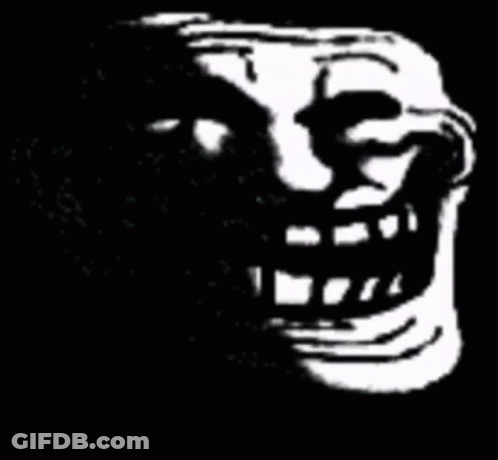 A Black And White Drawing Of A Troll Face With A Beard And Teeth . GIF