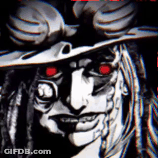 A Black And White Drawing Of A Witch With Red Eyes And Dreadlocks Wearing A Hat . GIF