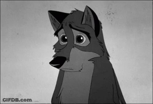 A Black And White Drawing Of A Wolf With A Sad Look On It 'S Face GIF