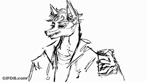 A Black And White Drawing Of A Wolf With Purple Writing That Says Huh ? GIF