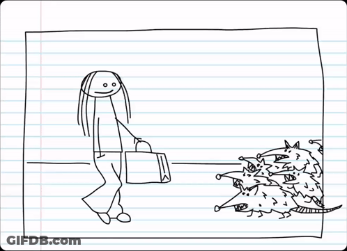 A Black And White Drawing Of A Woman Carrying A Briefcase And A Dog With The Word Possum Written On The Bottom GIF