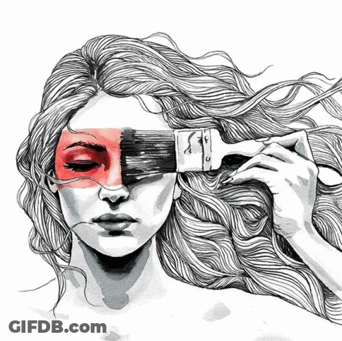 A Black And White Drawing Of A Woman Holding A Paint Brush Over Her Eyes GIF