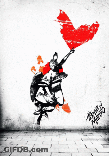 A Black And White Drawing Of A Woman Holding A Red Heart With Bullet Holes In It Is Signed By Brian Merrick GIF