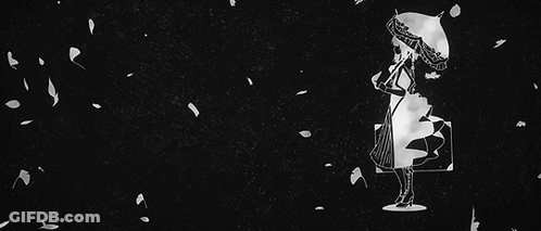 A Black And White Drawing Of A Woman Holding An Umbrella While Leaves Fall Around Her . GIF