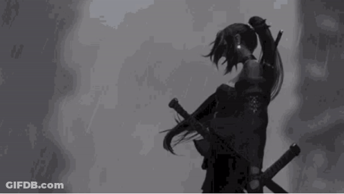 A Black And White Drawing Of A Woman Holding Two Swords In Her Hands . GIF