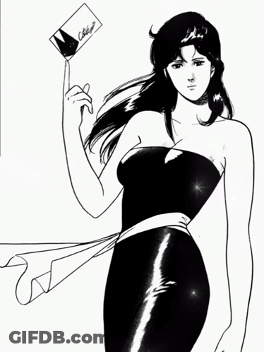 A Black And White Drawing Of A Woman In A Black Dress Holding A Piece Of Paper That Says ' Chicago ' On It GIF