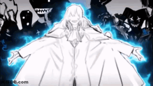 Black And White Woman In White Cape Surrounded By Ghosts GIF