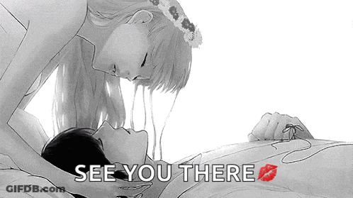 A Black And White Drawing Of A Woman Kissing A Man With The Words See You There Above Them GIF