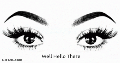 A Black And White Drawing Of A Woman 'S Eyes With The Words Well Hello There Underneath Them GIF