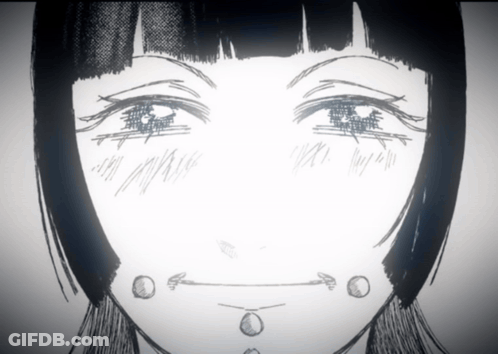 A Black And White Drawing Of A Woman 'S Face With A Smiley Face GIF