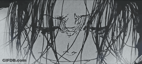 A Black And White Drawing Of A Woman 'S Face With Trees Behind Her GIF
