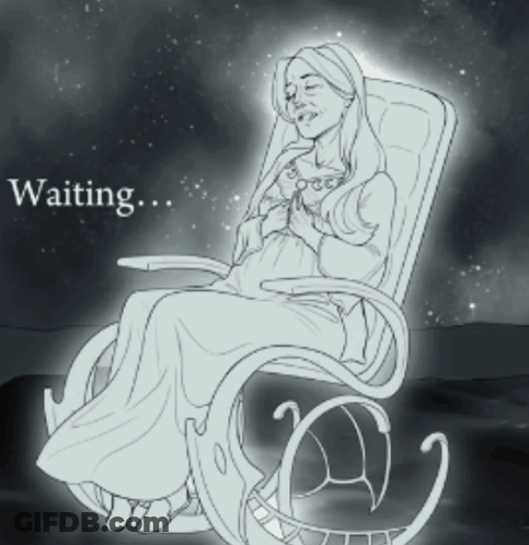 A Black And White Drawing Of A Woman Sitting In A Rocking Chair With The Words " Waiting " Below Her GIF