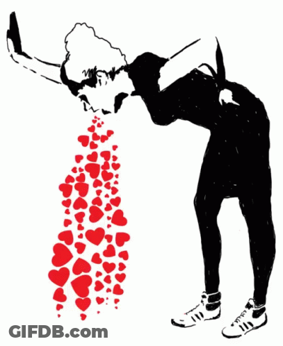 A Black And White Drawing Of A Woman Vomiting Hearts On A White Background GIF