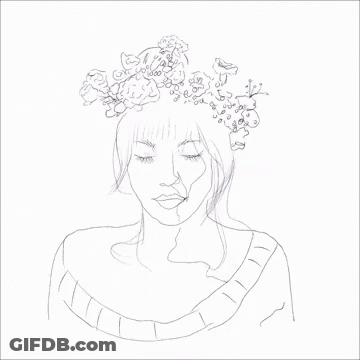 A Black And White Drawing Of A Woman Wearing A Flower Crown . GIF
