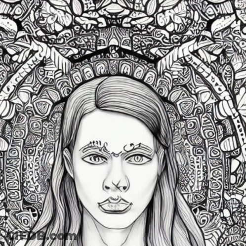 A Black And White Drawing Of A Woman With A Crown Around Her Head GIF