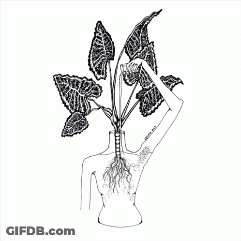 A Black And White Drawing Of A Woman With A Plant Growing Out Of Her Back And The Words " I Love You " On Her Arm GIF