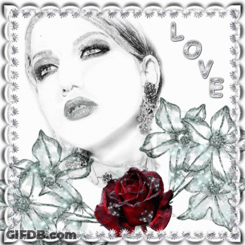 A Black And White Drawing Of A Woman With A Red Rose And The Word Love GIF