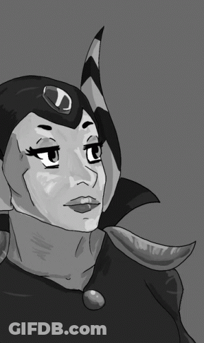 A Black And White Drawing Of A Woman With Horns And A Letter D On Her Hat GIF