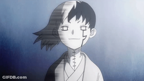 A Black And White Drawing Of A Young Boy With Stitches On His Neck GIF