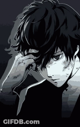 A Black And White Drawing Of A Young Man With His Hand On His Face GIF